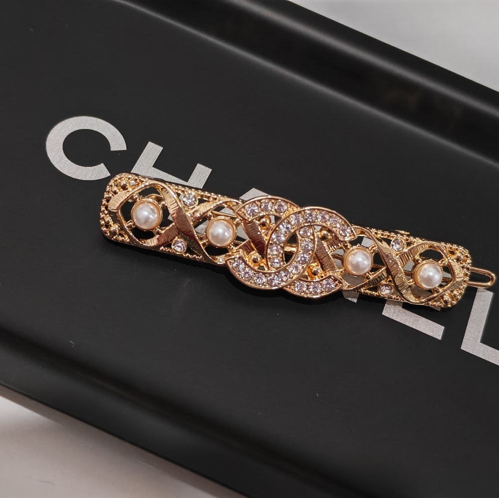 Gold Pearl & Crystal Barrette Hair Clip in gold tone